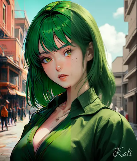 30yo Japanese woman,
green eyes, green hair,
standing in a red town square,
open green shirt,
shading, sunspots, deep shadows,
detailed, skin detail, detailed face, cinematic, hyperdetailed,
highly detailed background,