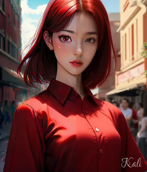 30yo Japanese woman,
red eyes, red hair,
standing in a red town square,
open red shirt,
shading, sunspots, deep shadows,
detailed, skin detail, detailed face, cinematic, hyperdetailed,
highly detailed background,