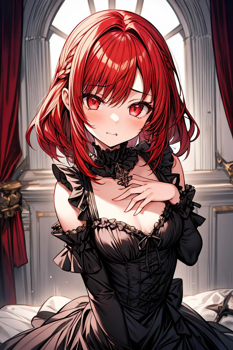 (masterpiece, best quality), 1girl, red hair, medium chest, gothic frill dress, pervert face, <lora:add_detail:1>