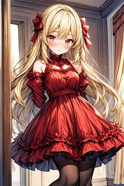 (masterpiece, best quality), 1girl, blonde hair, red dress, pantyhose, cute face, blush, <lora:add_detail:1>