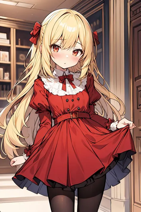 (masterpiece, best quality), 1girl, blonde hair, red dress, pantyhose, cute face, blush,