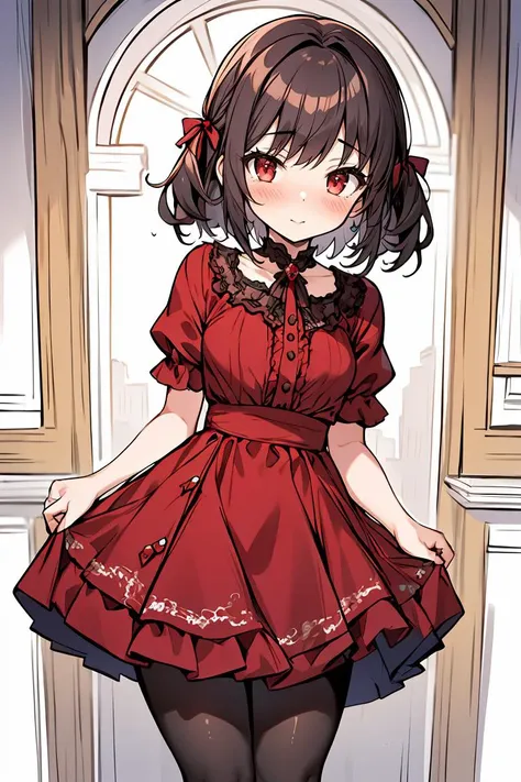 (masterpiece, best quality), 1girl, red dress, pantyhose, cute face, blush,