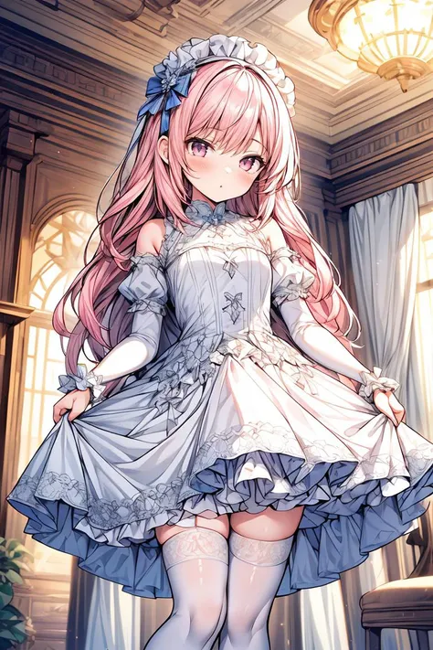 (masterpiece, best quality), 1girl, blue and white frill dress, (white stockings), pink hair, cute face, standing, indoor, intricate detail, sunlight, <lora:add_detail:1>