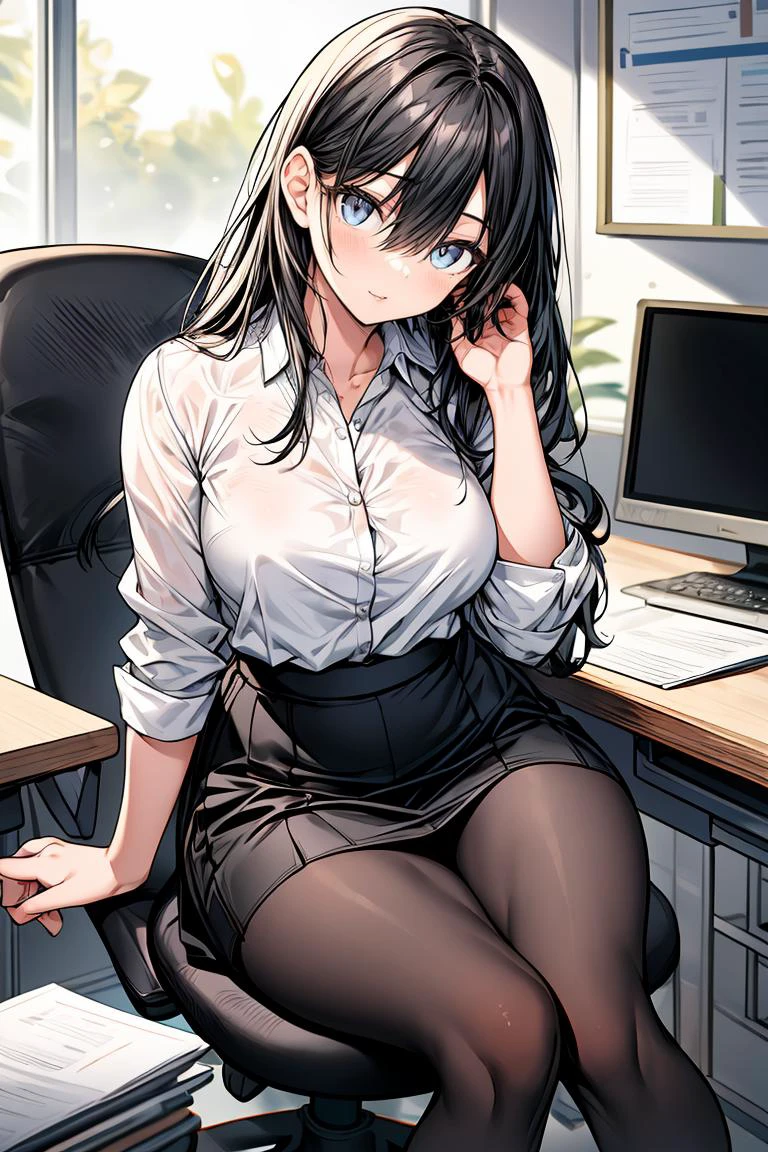 (masterpiece, best quality), a young black haired girl office secretary dressed in a transparent white blouse and black office skirt and black pantyhose ,sitting in an office chair, holding pencil, (detailed skin:1.3),(detailed eyes), (sharp focus), <lora:add_detail:1>
