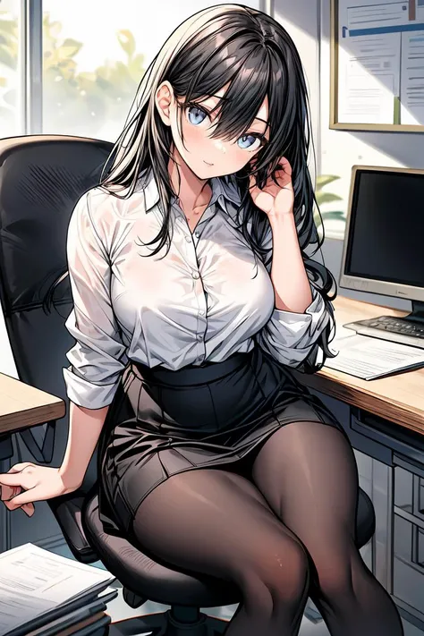 (modern office indoors), 1lady ((solo)), (brown eyes), (black medium hair), bangs, (office casual pencil skirt green), (white shirt), (id card), blush kind smile, (masterpiece best quality:1.2), delicate illustrations, high resolution, ultra-detailed, large breasts, (black stockings), (sitting)