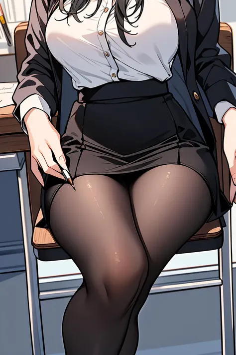 (masterpiece, best quality), a young black haired girl office secretary dressed in a transparent white blouse and black office skirt and black pantyhose ,sitting in an office chair, holding pencil, (detailed skin:1.3),(detailed eyes), (sharp focus),