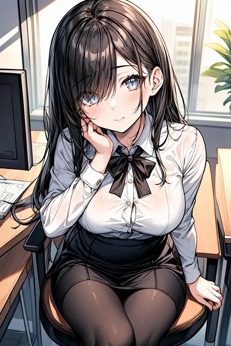 (masterpiece, best quality), a young black haired girl office secretary dressed in a transparent white blouse and black office skirt and black pantyhose ,sitting in an office chair, holding pencil, (detailed skin:1.3),(detailed eyes), (sharp focus), <lora:add_detail:1>