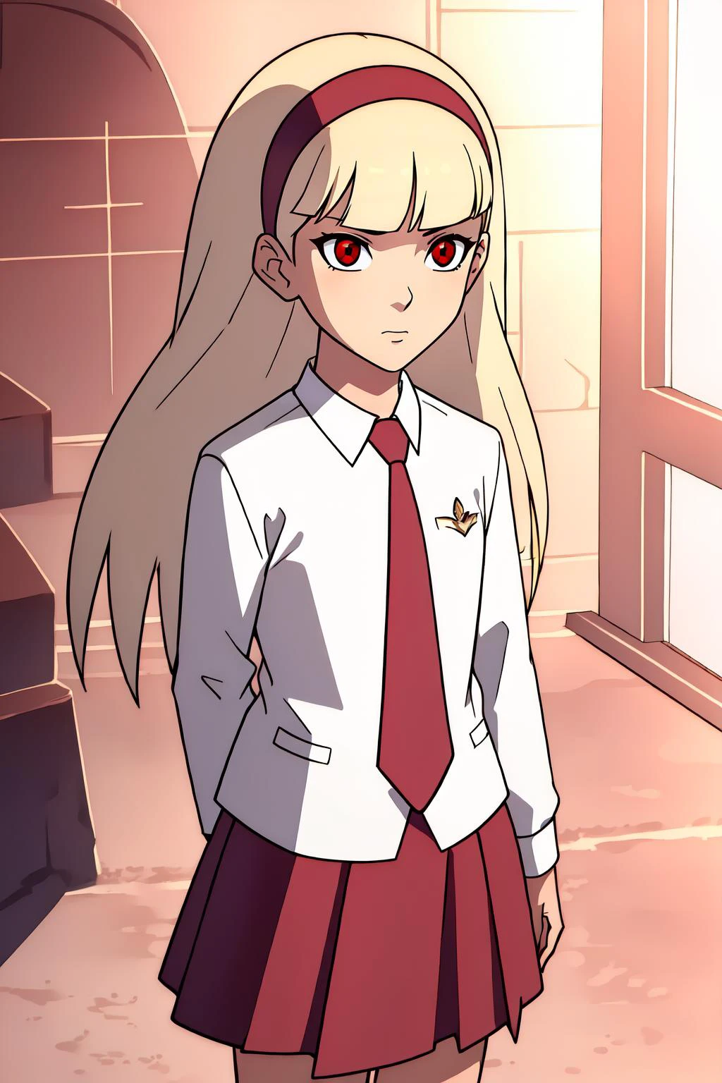 (masterpiece, best quality), intricate details,
1girl, <lora:Char_DC_Child:0.8> Child, bangs, blunt_bangs, blonde_hair, long_hair, red_eyes, red_hairband, collared_shirt, formal, red_necktie, school_uniform, red_skirt, white_shirt, long_sleeves,