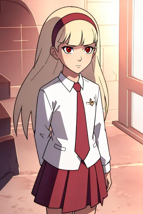 (masterpiece, best quality),  intricate details,
1girl,  <lora:Char_DC_Child:0.8> Child, bangs, blunt_bangs, blonde_hair, long_hair, red_eyes, red_hairband, collared_shirt, formal, red_necktie, school_uniform, red_skirt, white_shirt, long_sleeves,