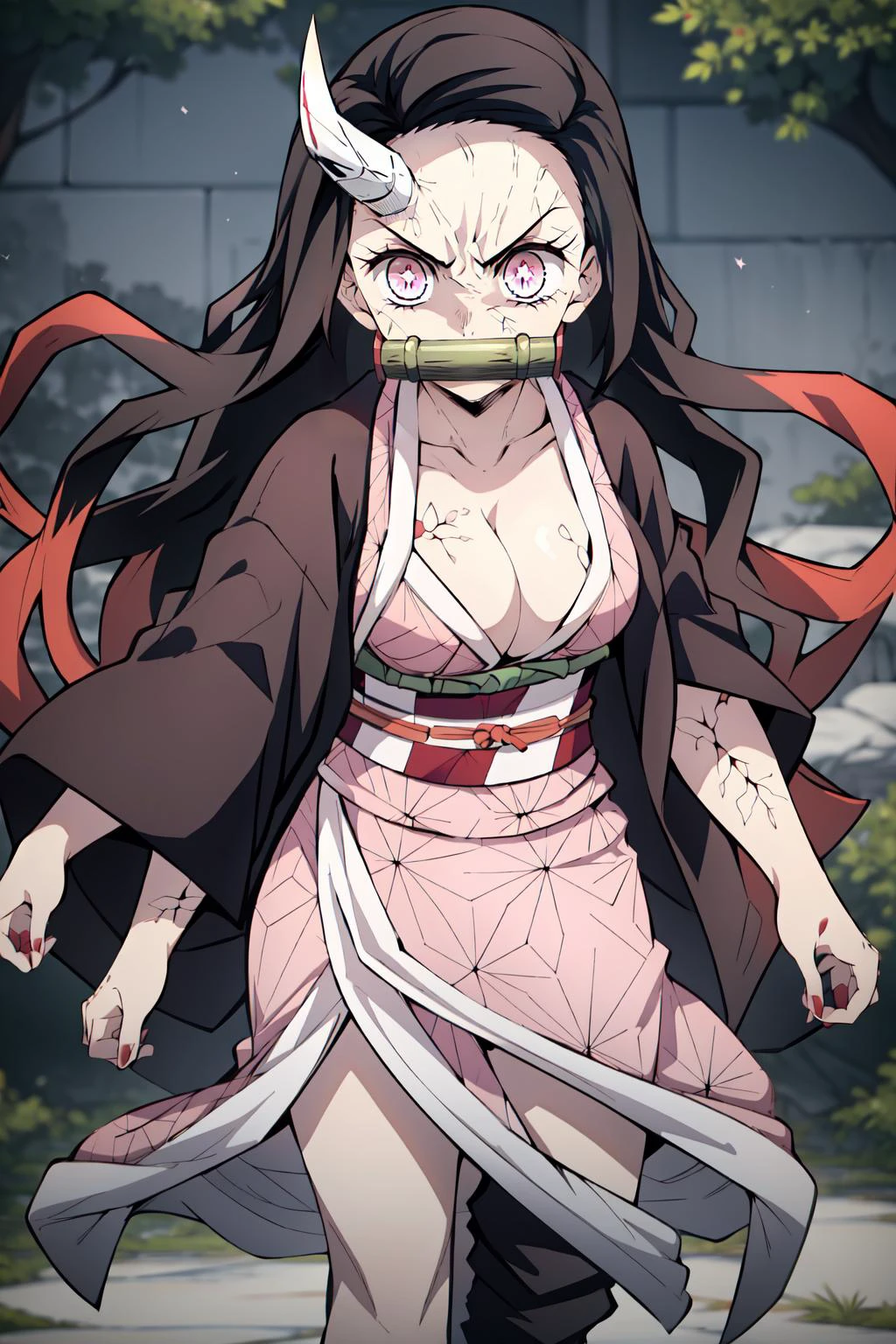 (masterpiece, best quality), intricate details,
1girl, <lora:nezuko_kamado_omni_v1:0.8> multicolored hair, pink kimono, bit gag, angrynezuko, bit gag, veins, multicolored hair, pink kimono, slit pupils, enragednezuko, single horn, veins, pink kimono, cracked skin, large breasts, cleavage, multicolored hair, slit pupils,