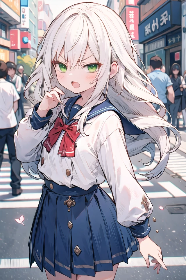 <lora:gekioko_v250:1>
(cleavage:-1.5),
insanely detailed, absurdres, ultra-highres, ultra-detailed, best quality,
1girl, solo, nice hands, perfect hands,
BREAK,
(wearing school uniform),
angry, open mouth, cowboy shot,
BREAK,
slender, kawaii, perfect symmetrical face, ultra cute girl, ultra cute face, ultra detailed eyes, ultra detailed hair, ultra cute, ultra beautiful,
by Canon EOS, SIGMA Art Lens 35mm F1.4, ISO 200 Shutter Speed 2000,
in harajuku, shibuya, tokyo, street, crowd, cityscape,
medium large breasts,
BREAK,
(grey hair, green eyes),