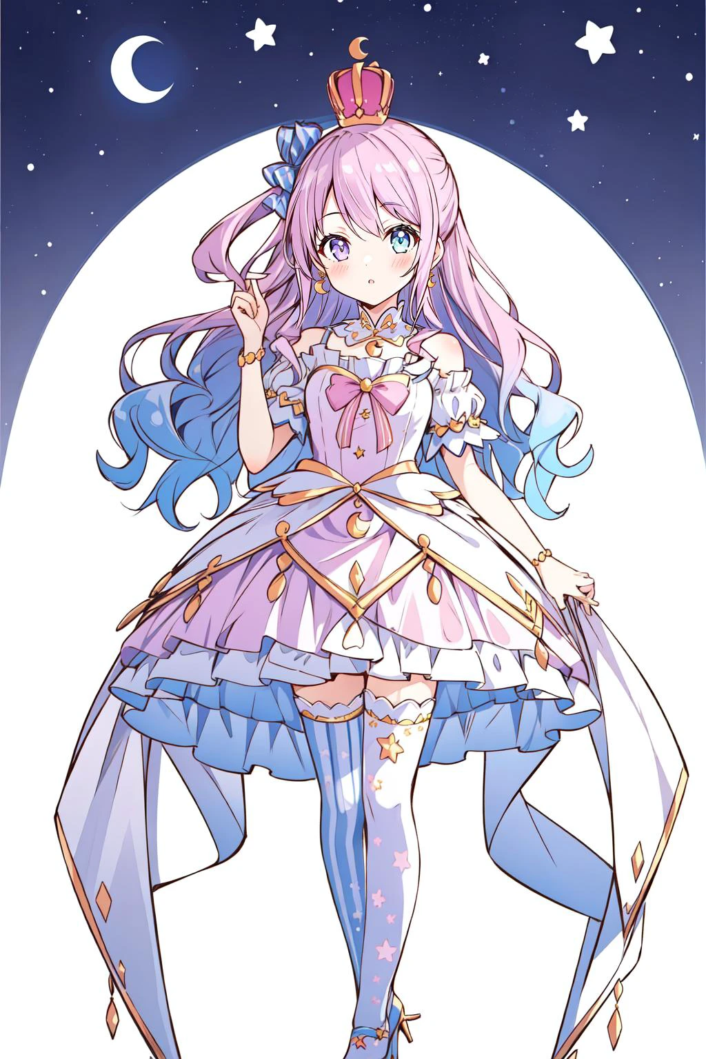 (masterpiece, best quality), intricate details,
1girl, <lora:KitsuneAi-HimemoriLuna-LoCon32V1:0.8> himemori luna, thighhighs, single hair ring, long hair, crown, crescent earrings, candy hair ornament, hair ornament, high heels, mismatched legwear, bracelet, pink dress, mini crown, princess, bare shoulders, vertical stripes, wavy hair, bow, crescent print, vertical-striped thighhighs