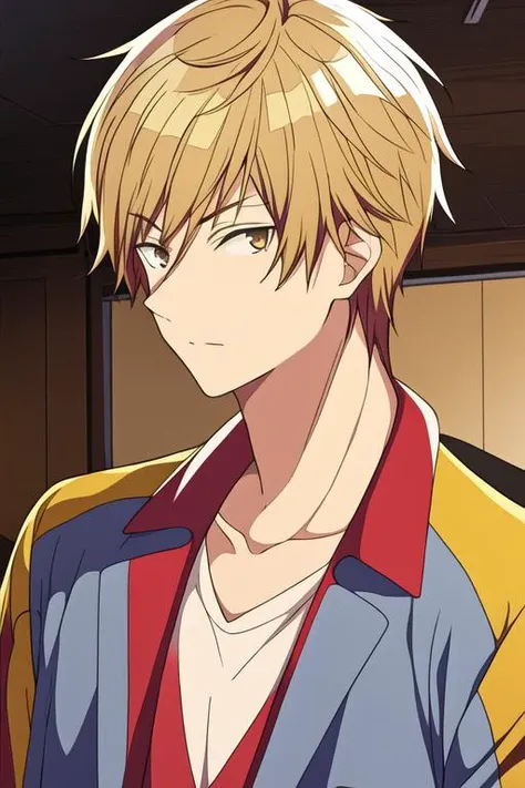 masterpiece, best quality, high quality, 1boy, solo, male focus, looking at viewer, upper body, <lora:shuuji_nakamura:0.74>, shuuji_nakamura, brown eyes, blonde hair, , track suit