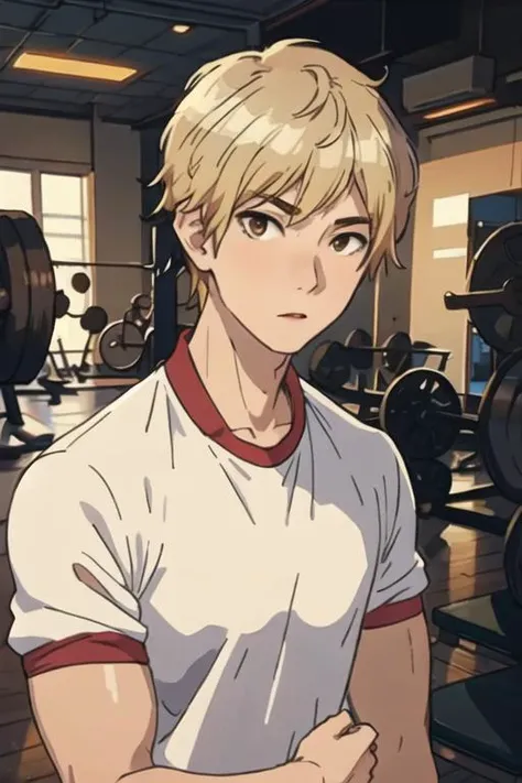 masterpiece, best quality, high quality, 1boy, solo, male focus, looking at viewer, upper body, <lora:shuuji_nakamura:0.62>, shuuji_nakamura, brown eyes, blonde hair, realistic, gym uniform