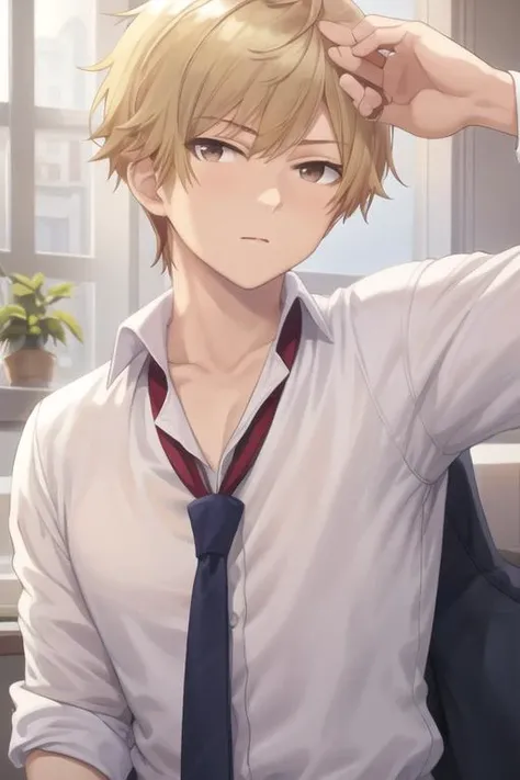 masterpiece, best quality, high quality, 1boy, solo, male focus, looking at viewer, upper body, <lora:shuuji_nakamura:0.62>, shuuji_nakamura, brown eyes, blonde hair, , formal, necktie, dress shirt