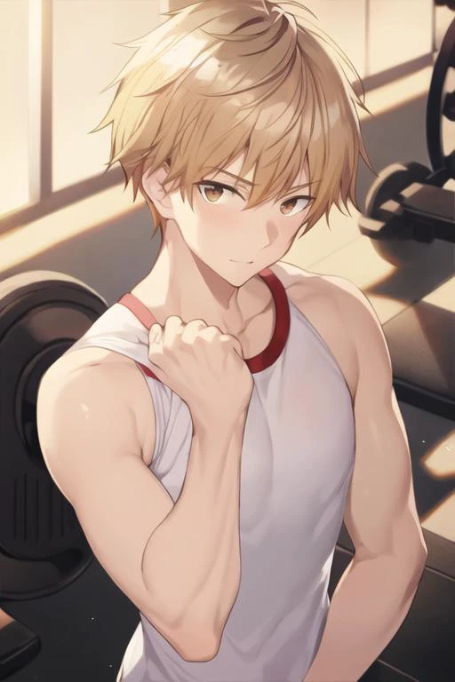 masterpiece, best quality, high quality, 1boy, solo, male focus, looking at viewer, upper body, <lora:shuuji_nakamura:0.66>, shuuji_nakamura, brown eyes, blonde hair, , gym uniform
