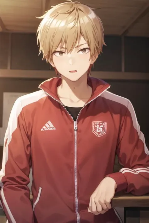 masterpiece, best quality, high quality, 1boy, solo, male focus, looking at viewer, upper body, <lora:shuuji_nakamura:0.74>, shuuji_nakamura, brown eyes, blonde hair, , track suit
