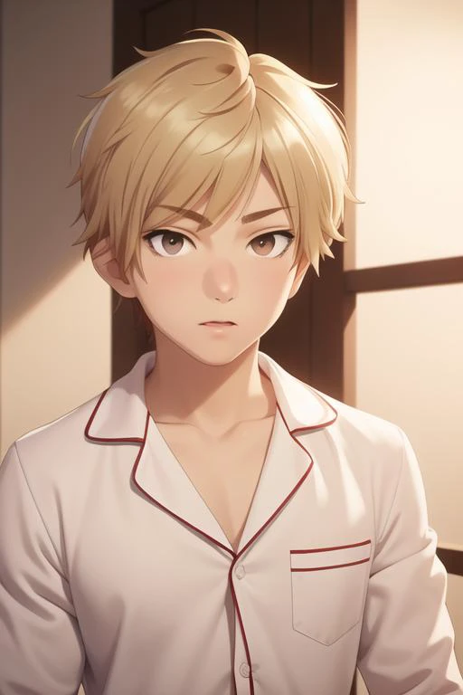 masterpiece, best quality, high quality, 1boy, solo, male focus, looking at viewer, upper body, <lora:shuuji_nakamura:0.62>, shuuji_nakamura, brown eyes, blonde hair, , pajamas