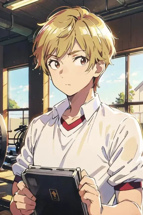 masterpiece, best quality, high quality, 1boy, solo, male focus, looking at viewer, upper body, <lora:shuuji_nakamura:0.54>, shuuji_nakamura, brown eyes, blonde hair, , gym uniform