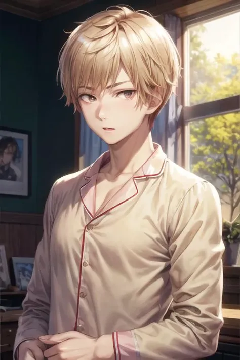 masterpiece, best quality, high quality, 1boy, solo, male focus, looking at viewer, upper body, <lora:shuuji_nakamura:0.74>, shuuji_nakamura, brown eyes, blonde hair, , pajamas