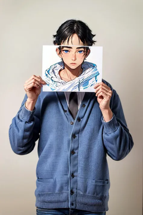 masterpiece, best quality, <lora:pif-000020:1>,paperinface,1boy, solo, male focus, black hair, blue eyes, necktie, holding, simple background, shirt, white background, white shirt, hood, cardigan, short hair, looking at viewer, pants, long sleeves, closed mouth, hoodie, cowboy shot, standing, mask, blue necktie, grey pants, upper body, jacket