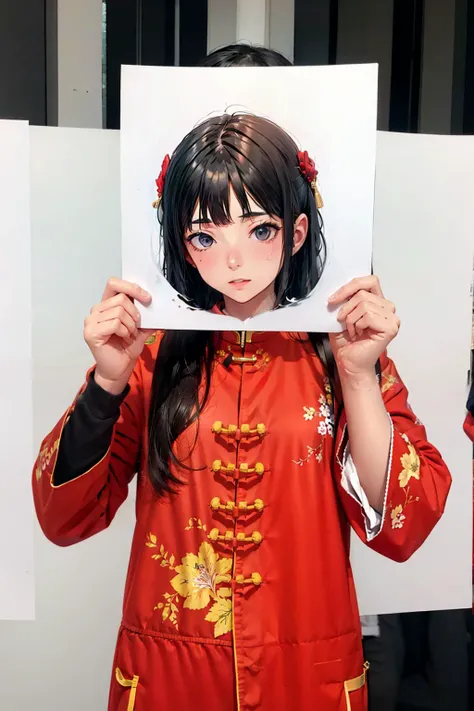 masterpiece, best quality, <lora:pif-000020:1>,paper,(paperinface:1),1girl,chinese dress,upper body,
