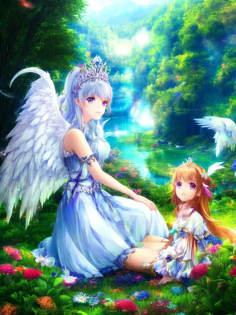 8k fantasy and anime art, 1girl, wing, angel, heterochromia, ribbon, tiara, Beautiful nature background