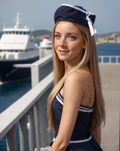 <lora:Navy_Sailor_Dress_SideCap_XL_v1-000020:0.8>, 1girl, blonde hair, hat, jewelry, lips, long hair, looking at viewer, navy sailor dress, realistic, skirt, solo, <lora:Perfect Hands:0.8>, Perfect Hands, <lora:HandFineTuning_XL:0.8>, sea port