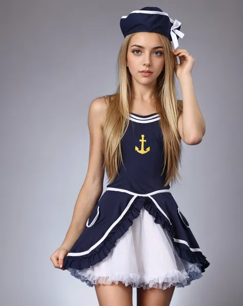 <lora:Navy_Sailor_Dress_SideCap_XL_v1-000020:0.8>, 1girl, blonde hair, hat, jewelry, lips, long hair, looking at viewer, navy sailor dress, realistic, simple background, skirt, solo, <lora:Perfect Hands:0.8>, Perfect Hands, <lora:HandFineTuning_XL:0.8>