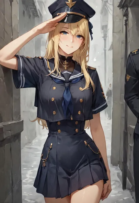 score_9, score_8_up, score_7_up, 1girl, sexy, female, confident, salute, ,Expressiveh, <lora:3m1lyc4rrXLP:1> 3m1lyc4rr, <lora:Navy_Sailor_Dress_SideCap_XL_v1-000020:1>