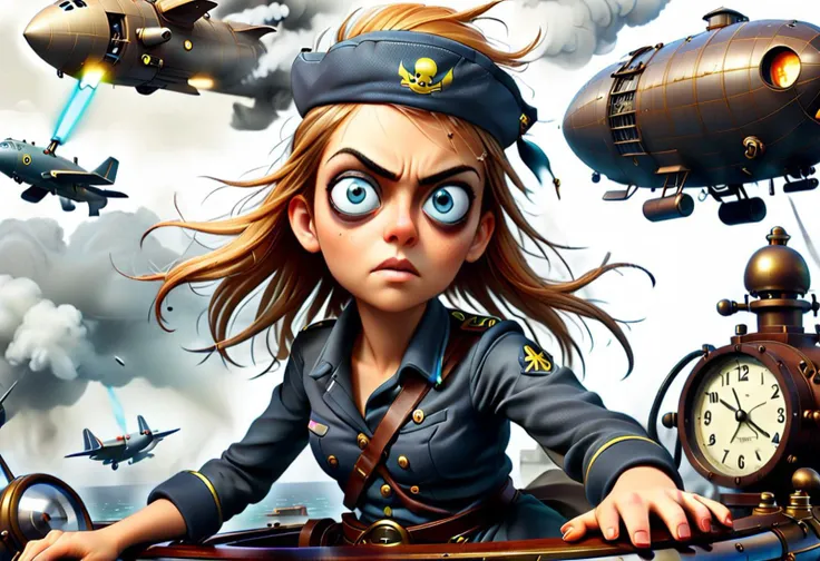 Air Battle scene ,score_9, score_8_up, score_7_up, score_6_up,female sky pirate, young women military officer, blue eyes, round jaw, unusual face shape, lean torso, curvy, golden copper disconnected undercut hair, long hair sitting in a cockpit with hands on controls, focused on the mission., steam punk airship battle, emergency force fields protecting critical ship sections, futuristic light beams, Lazer cannon creepy, gloomy, as she flies into battle she regrets masturbating all night,DonM1ns0mn14XL