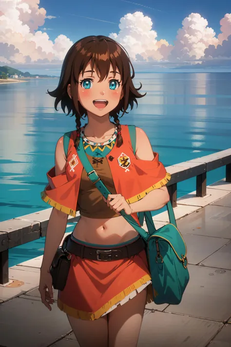 best quality, (masterpiece:1.2), detailed,
<lora:chara_SuiseiNoGargantia_Amy_v1:0.8>, amy sng,
1girl, solo, blush, smile, open mouth,
(dark skin:1.15), brown hair, short hair, aqua eyes, twin braids,
vest, crop top, orange skirt, belt, bag,
standing, looking at the viewer,
light rays, ocean, cloud