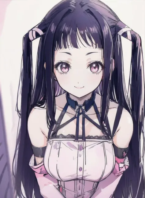 <lora:Ballpoint_20231119111445:0.9>,<lora:RubyT-009:0.7>, 1girl,solo,smile,breasts,ribbon,long hair,two side up, hair ribbon,twintails,medium breasts, looking at viewer,bangs,blunt bangs, lipstick, choker, bare shoulders, gloves, detached sleeves
