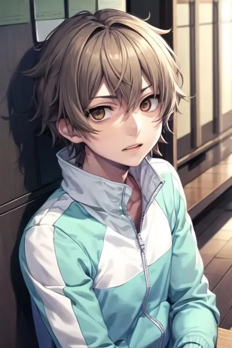 masterpiece, best quality, high quality, 1boy, solo, male focus, looking at viewer, upper body, <lora:hibiya_amamiya:0.70>, hibiya_amamiya, brown hair, brown eyes, track suit