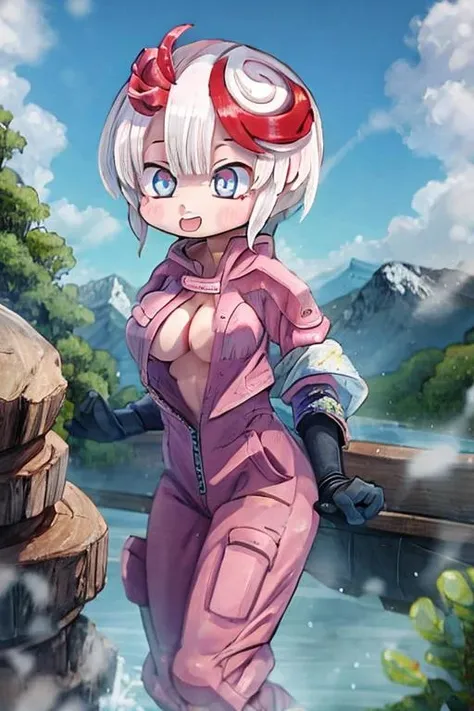 tepaste, short hair, white hair, multicolored hair, red hair, bangs, blue eyes, cropped jacket, red jacket, jumpsuit, cleavage, :d, >_<, rappelling, mountain, river, cloudy <lora:tepaste:1>