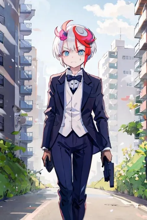 tepaste, short hair, white hair, multicolored hair, red hair, bangs, blue eyes, tuxedo, frown, walking, city <lora:tepaste:1>
