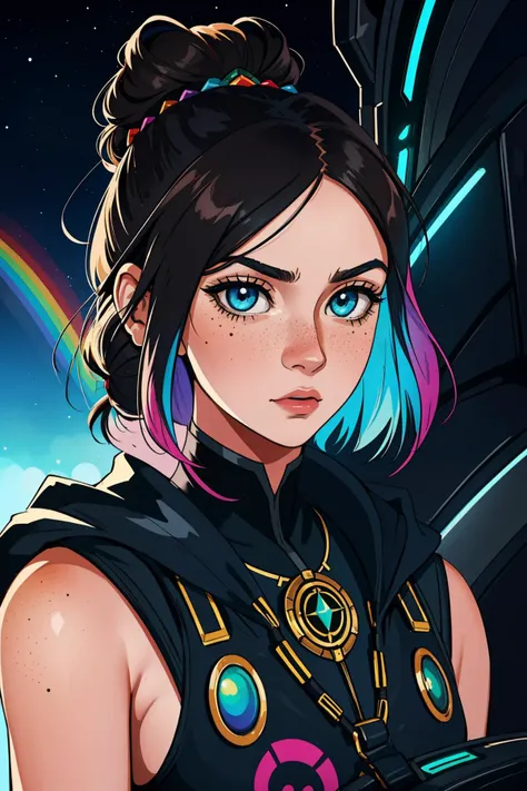 1girl, awardwinning Tattoo ink of a Dimensional forest and fauna, concept art, Bright Rainbow portly Dutch ([Natalia Tena:Bene Gesserit:2]:1.3) Commander, she is driving a Kawasaki, she is feeling furious, dressed in a very Aesthetic Armor forged by Thierry Mugler, her hair is Lo-Fi and styled as Messy bun, Natalia Tena has a Unsightly Hungarian dark rainbow Sports Team Face Paint, Geass, Winter, deep focus, [ (art by Robin Moline:0.8) , (Agostino Tassi:1.1) , (Eddie Del Rio:1.2) , (Henri Catargi:1.2) :9], Disgusting, Fauvism, Neon Light, Depth of field 270mm, Colorless,  concept art, National Geographic, freckles, skin pores, in the style of Mona Lisa, pixiv, Flickr