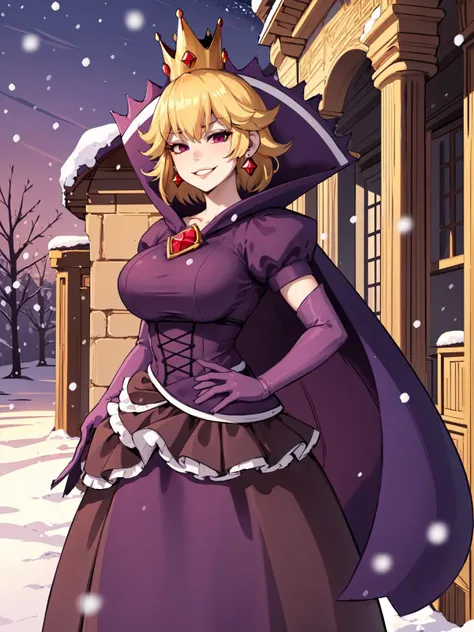 (masterpiece, best quality), tall, adult, 1girl, solo, squeenp, white racial skin, blonde hair, short hair, earrings, crown large breast, dark purple ballgown dress, purple gloves, purple cape looking at viewer, smirk, outdoors, snowing, ancient russian village, <lora:Shadow Queen Peach (Paper Mario):0.7>