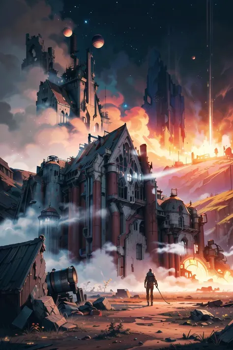 (RAW photo, best quality), (realistic, photo-realistic:1.3), extremely delicate and beautiful, Amazing, finely detail, masterpiece, ultra-detailed, highres,(best illustration), (best shadow),intricate,
An abandoned planetary base in a mysterious and epic landscape, filled with remnants of a forgotten civilization and surrounded by breathtaking cosmic beauty.masterpiece,hyperrealistic,stunning details,captivating gaze,magical light,unreal engine,uhd,32k,
sharp focus, volumetric fog, 8k UHD, DSLR, high quality, (film grain:1.4), Fujifilm XT3, <lora:add_detail:1>