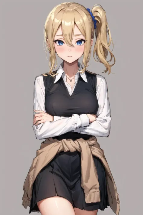 masterpiece, best quality, AiHayasakaV4, 1girl, solo, looking at viewer, blush, blue eyes, blonde hair, simple background, shirt, hair ornament, hair between eyes, school uniform, white shirt, collared shirt, side ponytail, scrunchie, crossed legs, hair scrunchie, clothes around waist, blue scrunchie, shuuchiin academy school uniform