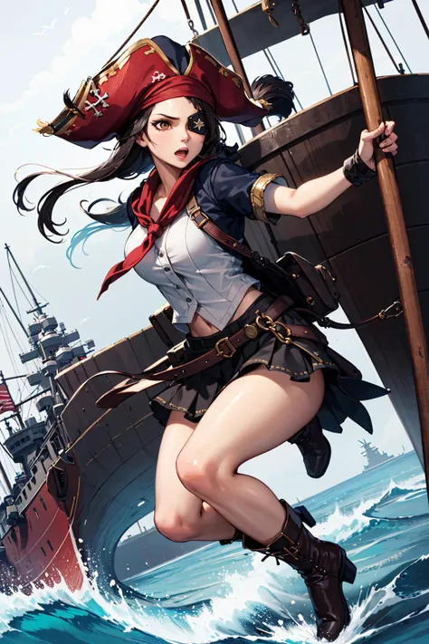masterpiece, best quality, highres, intricate details,
1girl, solo, shiny skin,subsurface scattering,medium brown,Pirate, Tricorn hat, eye patch, bandana, puffy shirt, boots, On deck of ship, Boarding enemy vessel, Swinging from ropes, brandishing cutlass, Fierce and determined,
rim lighting, two tone lighting, <lora:epiNoiseoffset_v2:1>