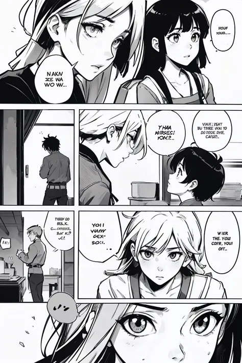 masterpiece, best quality, manga page, monochrome, speech bubbles