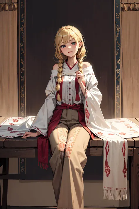 masterpiece, best quality, highres, intricate details,
1girl, solo, shiny skin,(subsurface scattering:0.8),honey blonde,Weaver, Weaver, A simple cotton tunic and trousers, a woven shawl draped around the shoulders, A small cottage with a loom and spinning wheel in the corner, The weaver is creating a beautiful tapestry with intricate designs, The weaver uses delicate movements to create the complex patterns, the shuttle moving back and forth through the threads with ease, The weaver wears a peaceful expression, lost in the beauty of the tapestry taking shape.,
rim lighting, two tone lighting,partly cloudy