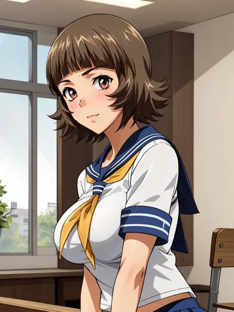 (masterpiece, best quality), 1girl,  solo, ekitokuwz, white skin, shiny skin, brown  hair, short hair, brown eyes,  large breast, school uniform, serafuku, pleated skirt, blue skirt, yellow neckerchief, short sleeves, blushing, looking at viewer, upper body, indoors,  school gym,   <lora:Chouhi Ekitoku - Ikkitousen V1.5:0.8>