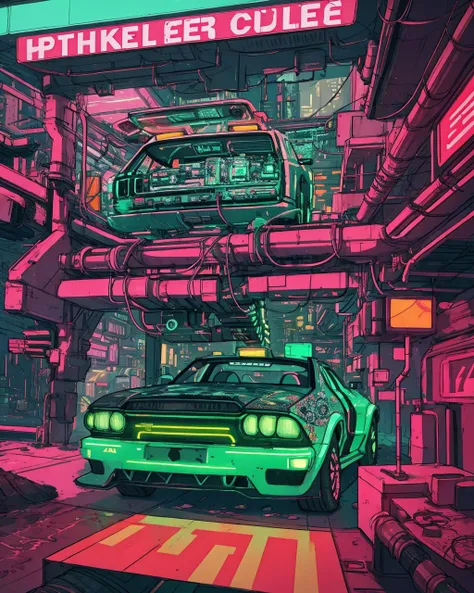 a drawing of a futuristic neon cityscape, hyper detailed background, hyper detailed illustration, hyper detailed scene, hyper detailed art, diesel punk, hyperdetailed illustration, juxtapoz aesthetic, cyberpunk car, detailed cyberpunk illustration <lora:deathburgerxl:1>