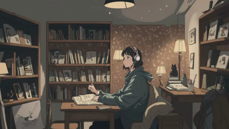 1 girl 10 yo,studying with headphones on,study room,books on bookshelves,ambient lighting,evening,masterpiece,wallpaper,8k,super detail,super highres,sfw,wide angle,studio ghibli,1 cat,cartoon,anime,best quality, dim, warm lighting