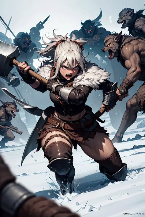 masterpiece, best quality, highres, intricate details,
1girl, solo, shiny skin,subsurface scattering,gray,Barbarian Warrior, Animal furs and hides, with bone and leather armor, and a war axe, A snowy tundra, Battling against a horde of goblins threatening their tribe, Charging into the fray, swinging the axe with both hands, Fierce rage,
rim lighting, two tone lighting,dimly lit, low key, <lora:epiNoiseoffset_v2:1>