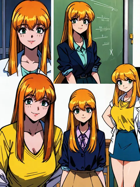 (masterpiece, best quality),NSFW, official art, extremely detailed, CG unity 8k wallpaper, perfect lighting, Colorful, ultra high res,4K,ultra-detailed, photography, 8K, HDR, highres, absurdres:1.2, Kodak portra 400, 1girl, adult, tall,  lorelei, white skin , orange hair, very long hair with bangs, sidelocks, green eyes, collage student, science lab coat with yellow shirt and green skirt, working on a science project,  retro style (collage science lab classroom) (arthur rackham)  <lora:lorelei:0.7>