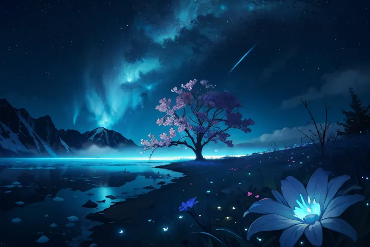 A tree with purple flowers in the foreground and a lake with stars in ...