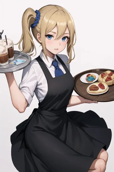 masterpiece, best quality, AiHayasakaV4, 1girl, solo, looking at viewer, blue eyes, blonde hair, hair ornament, white background, dress, hair between eyes, apron, side ponytail, cup, maid, scrunchie, hair scrunchie, tray, blue scrunchie